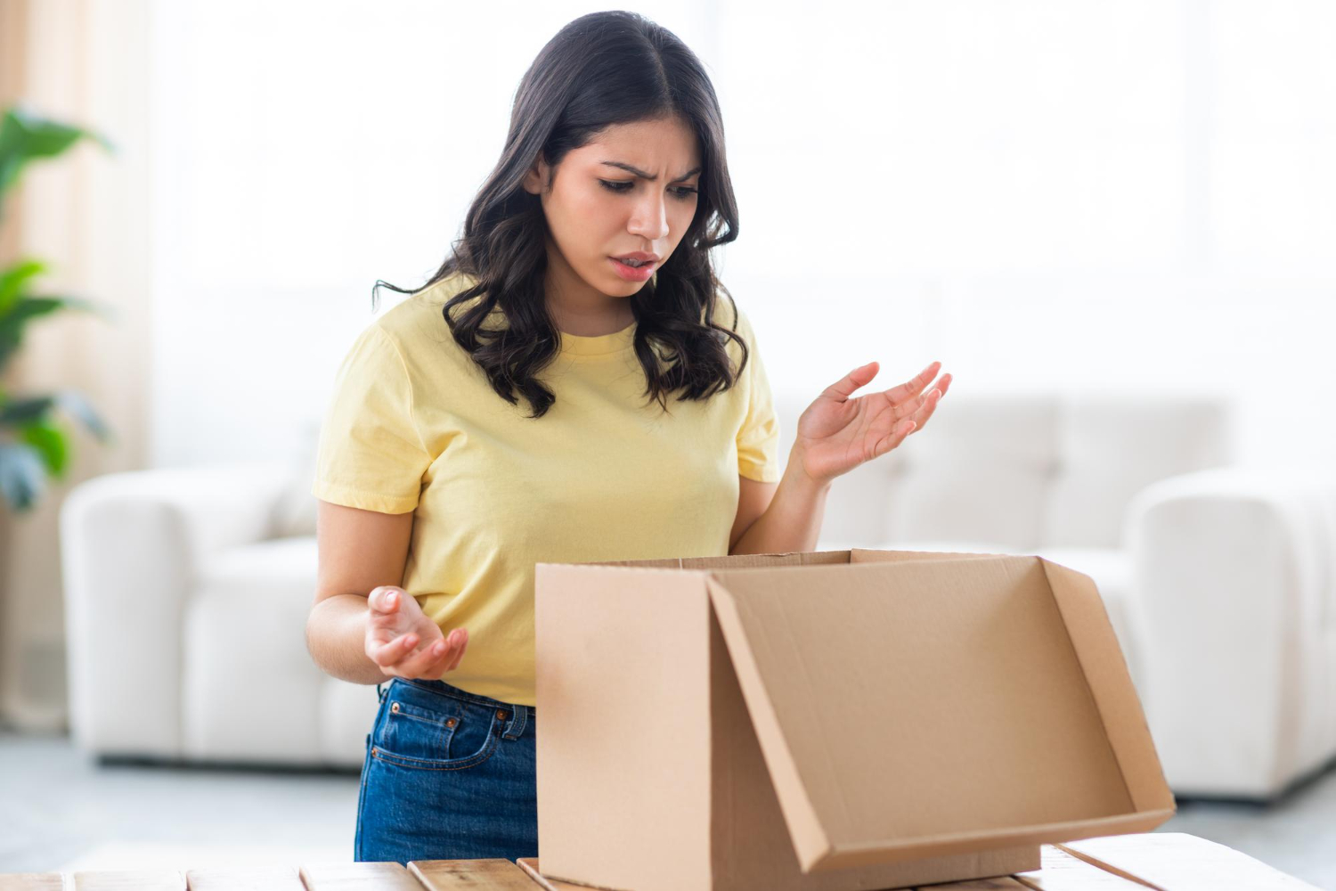 Disappointed customer opening the package